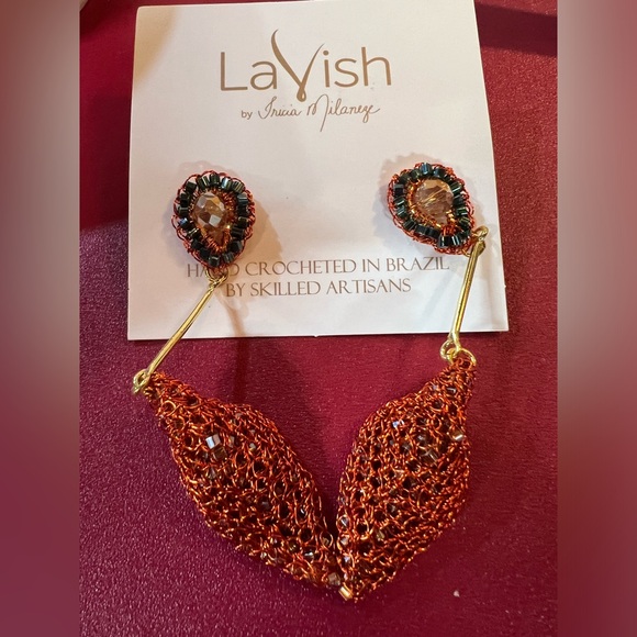Lavish NWT Rust & Gold Tone Hand Crocheted Beaded Drop Post Earrings (J055) - Picture 6 of 9